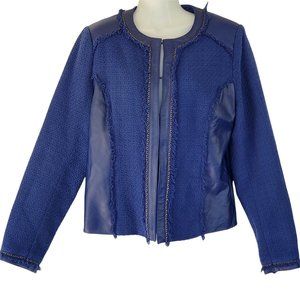 Saks Fifth Avenue Women's M Blue Leather Trim Cotton Waffle Weave Lined Jacket